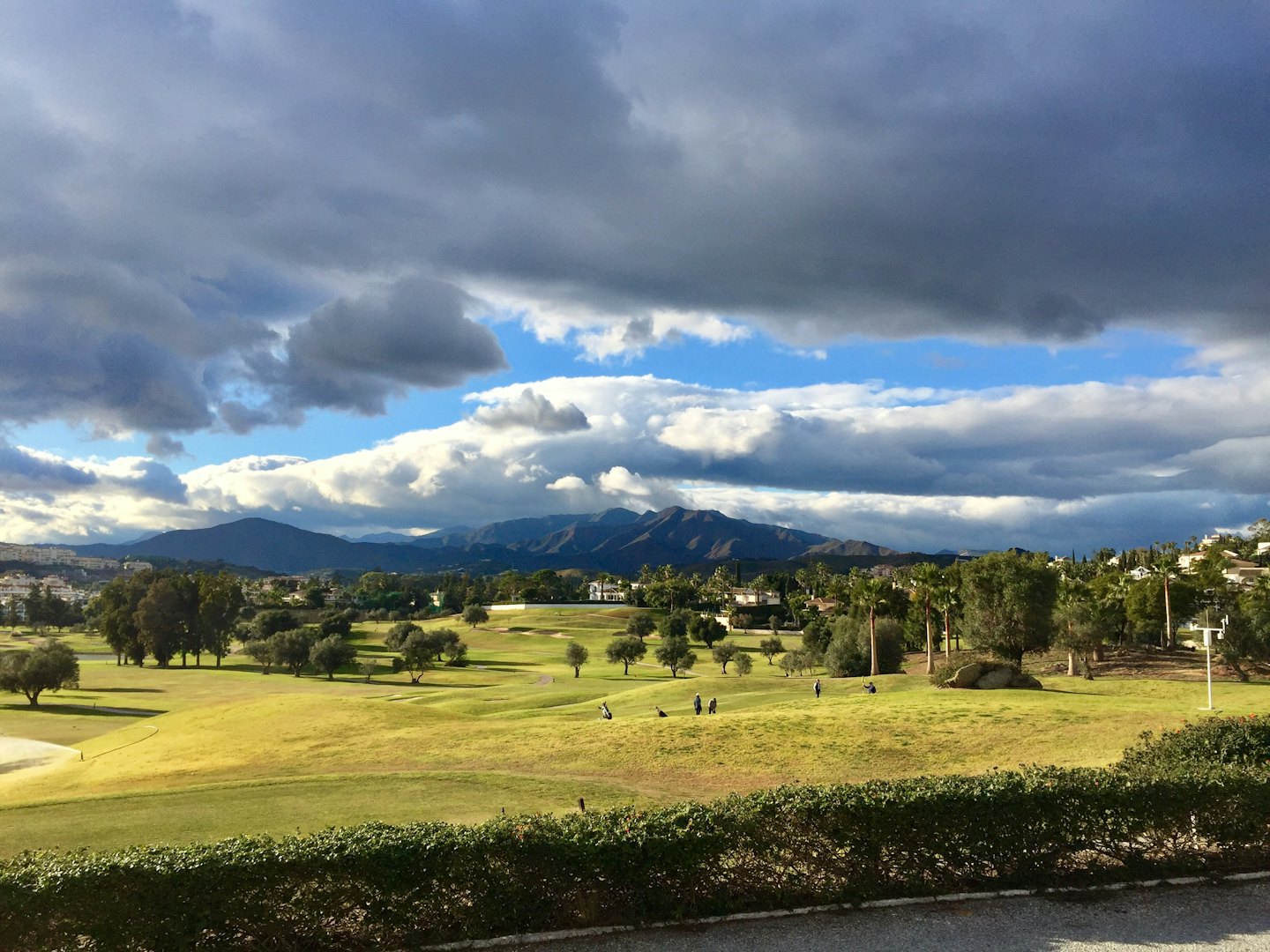 Green golf course fairways with scattered trees and distant mountains.